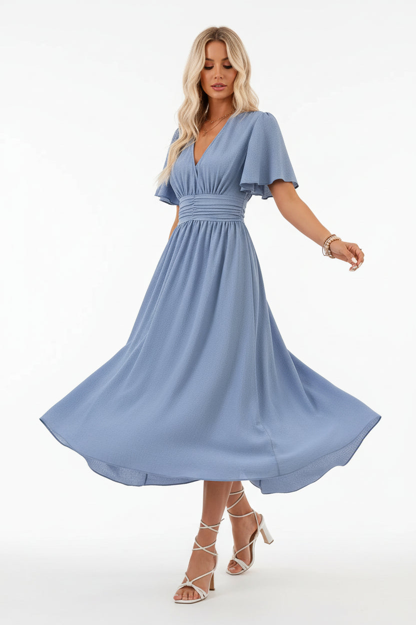 Robe fluide à volants femme col V – Robe casual été mi-longue | BOHERA