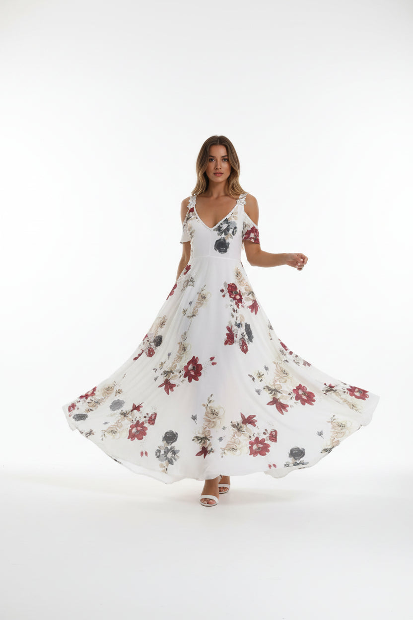 Robe longue dentelle femme – Robe fluide col V sans manches | BOHERA