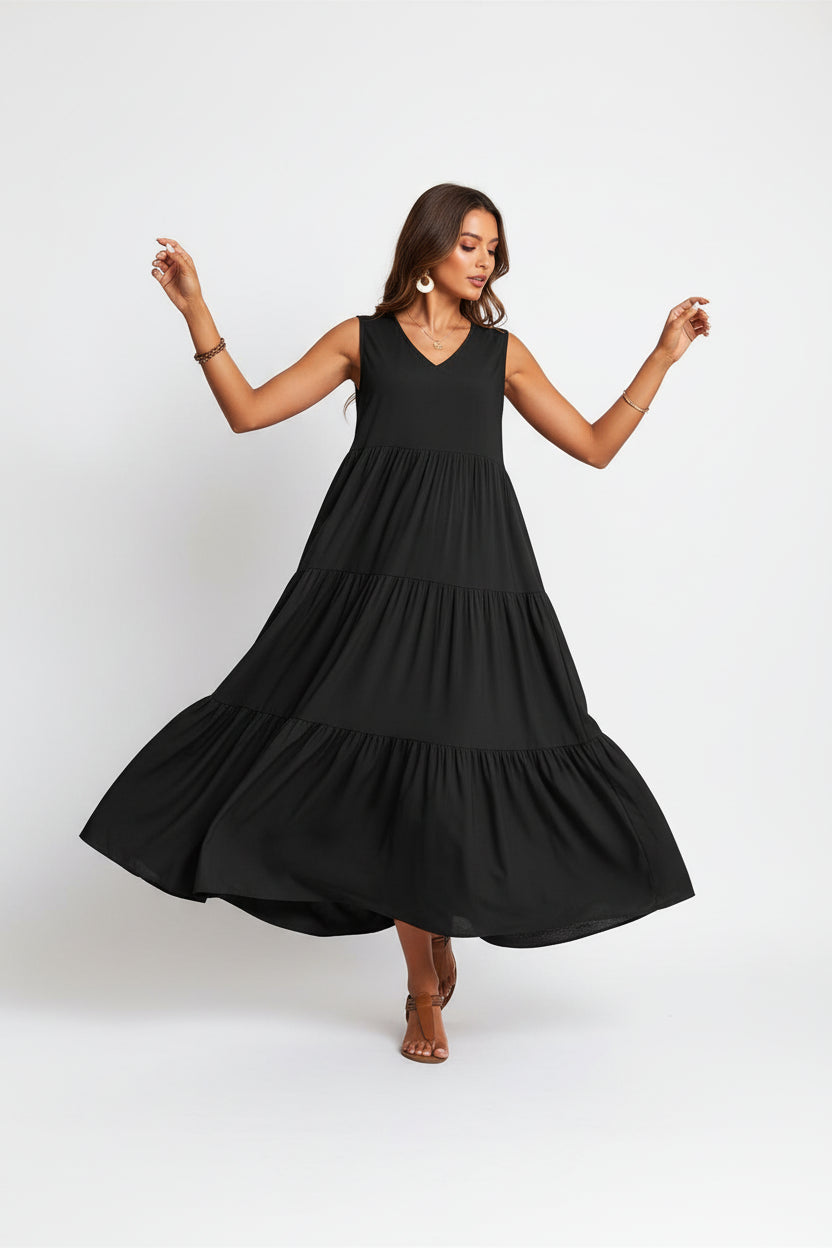 Robe casual élégante femme col V – Robe fluide mi-longue | BOHERA