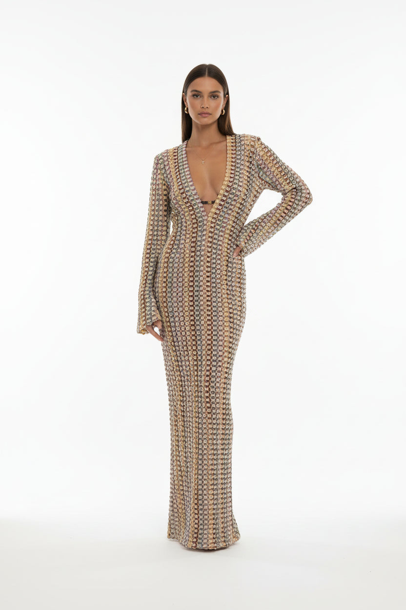 Robe longue ajourée femme col V – Coupe sirène fluide | BOHERA