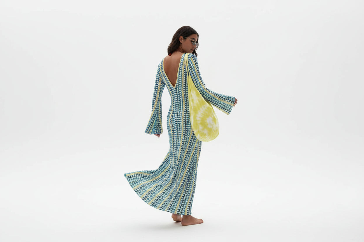 Robe longue ajourée femme col V – Coupe sirène fluide | BOHERA