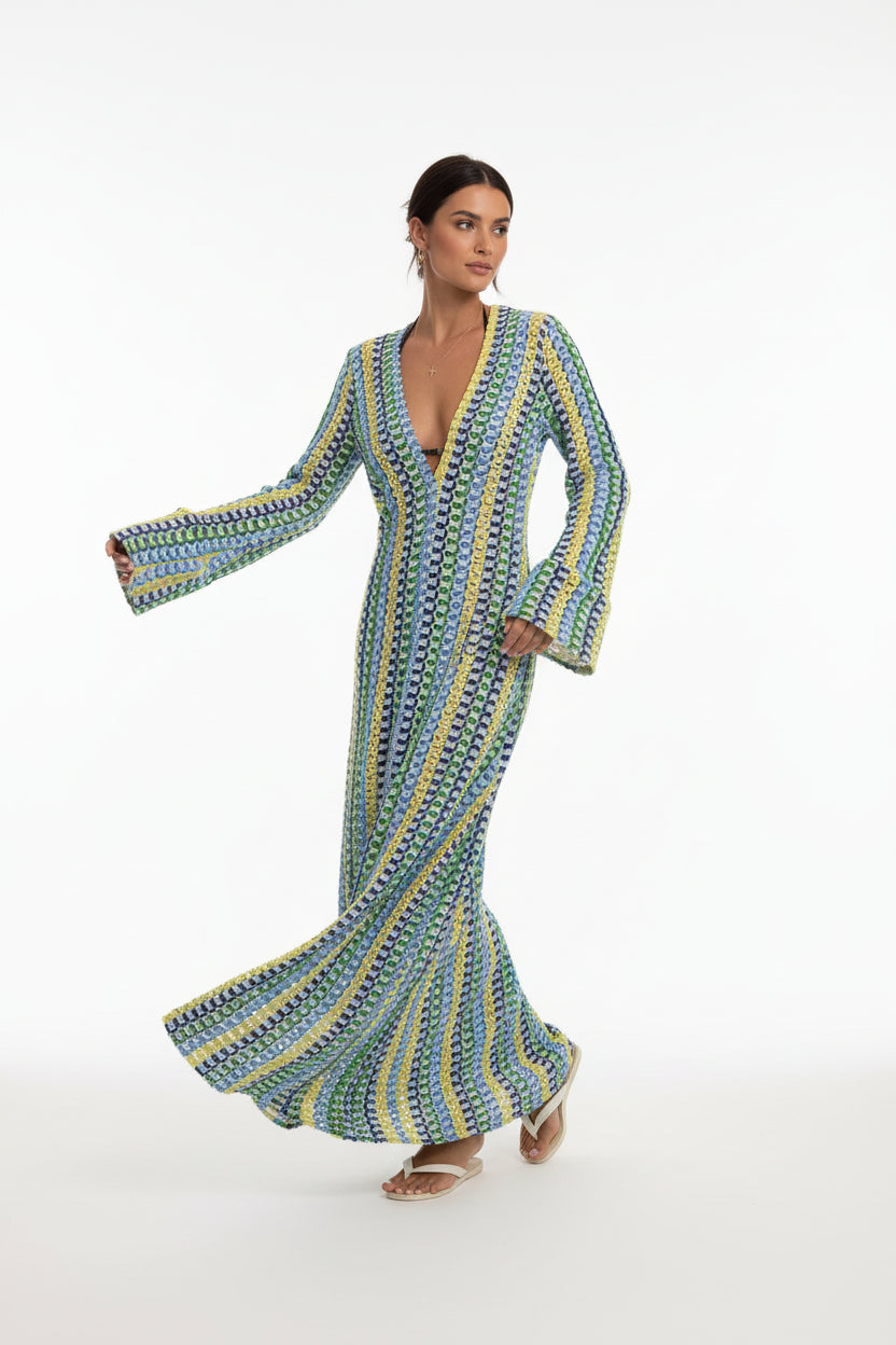 Robe longue ajourée femme col V – Coupe sirène fluide | BOHERA