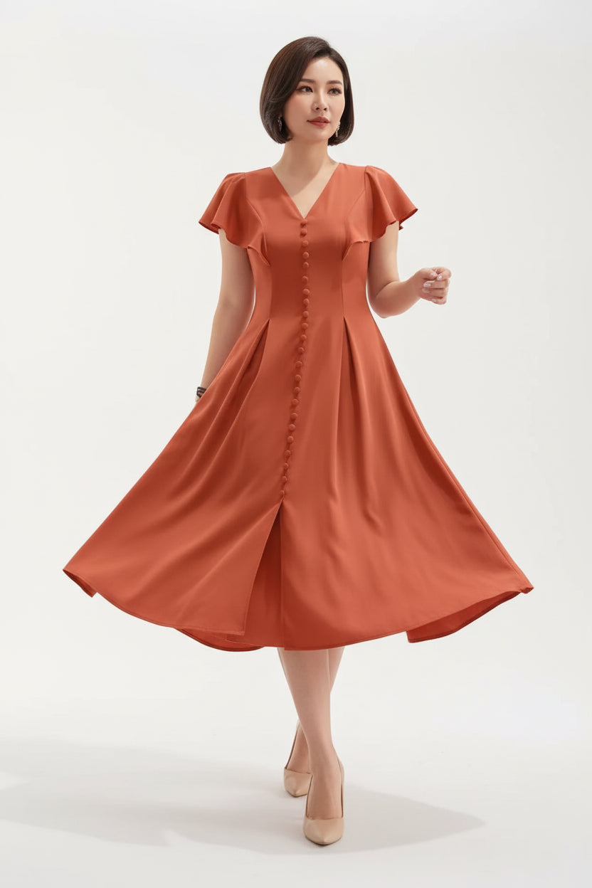 Robe casual élégante femme col V – Robe fluide manches papillon | BOHERA