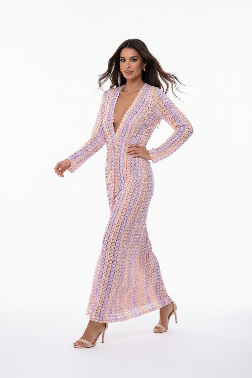 Robe longue ajourée femme col V – Coupe sirène fluide | BOHERA