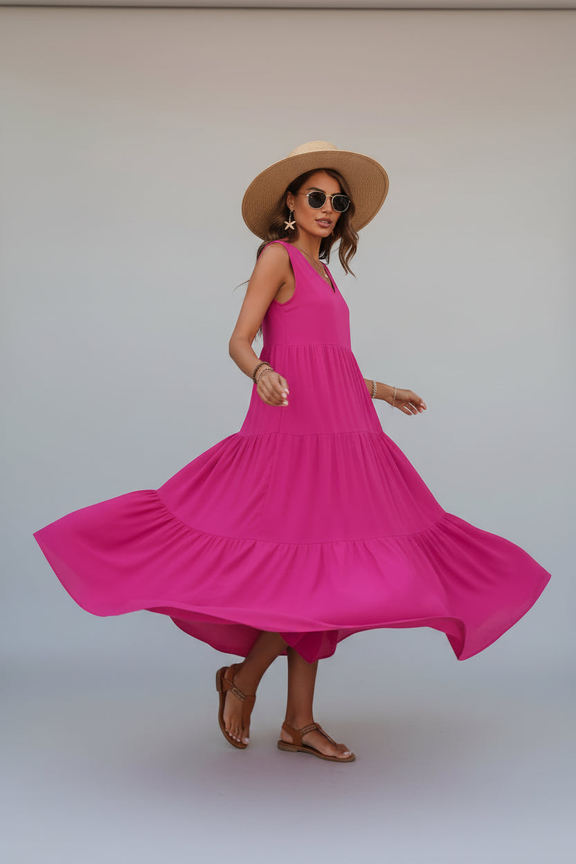 Robe casual élégante femme col V – Robe fluide mi-longue | BOHERA