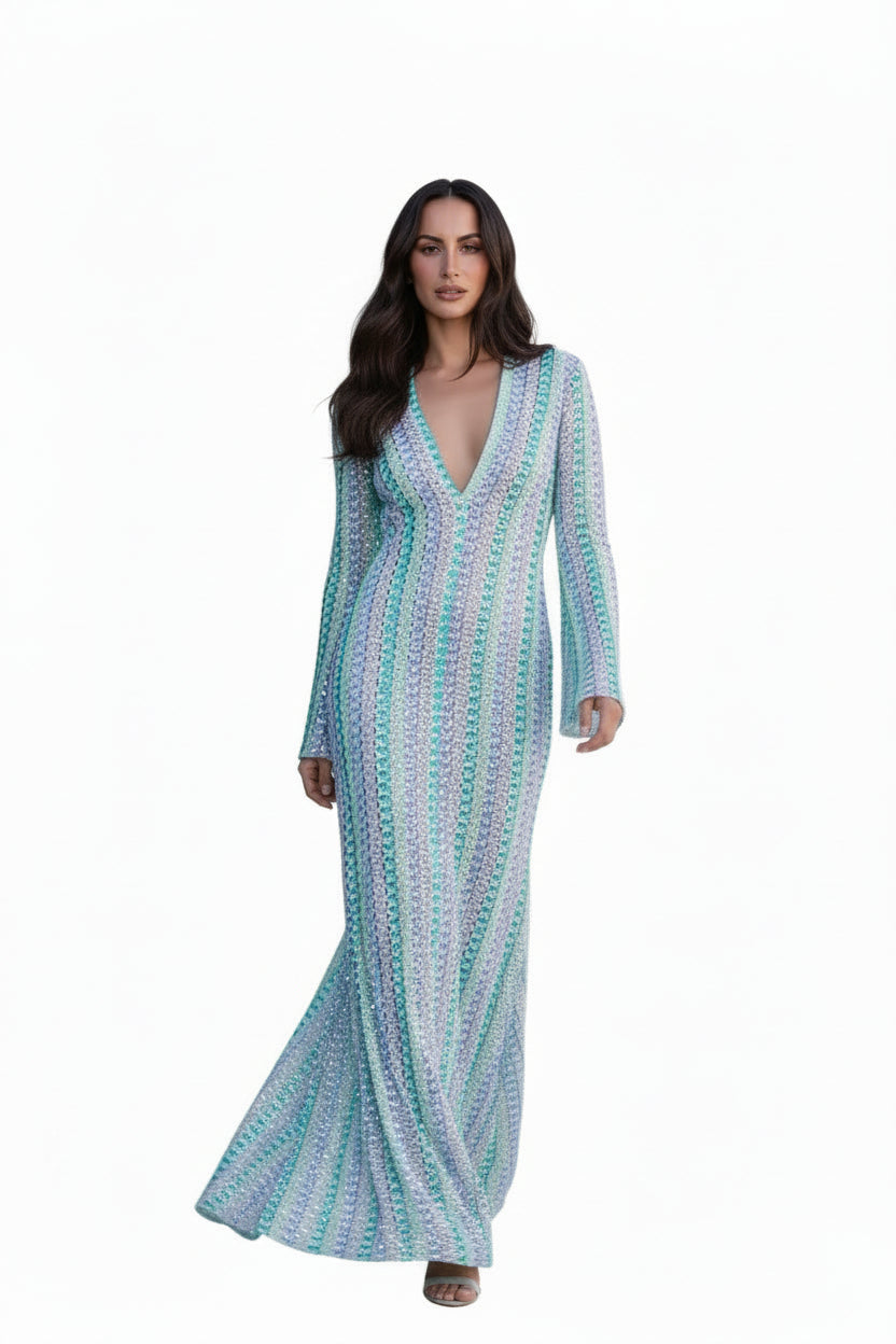 Robe longue ajourée femme col V – Coupe sirène fluide | BOHERA