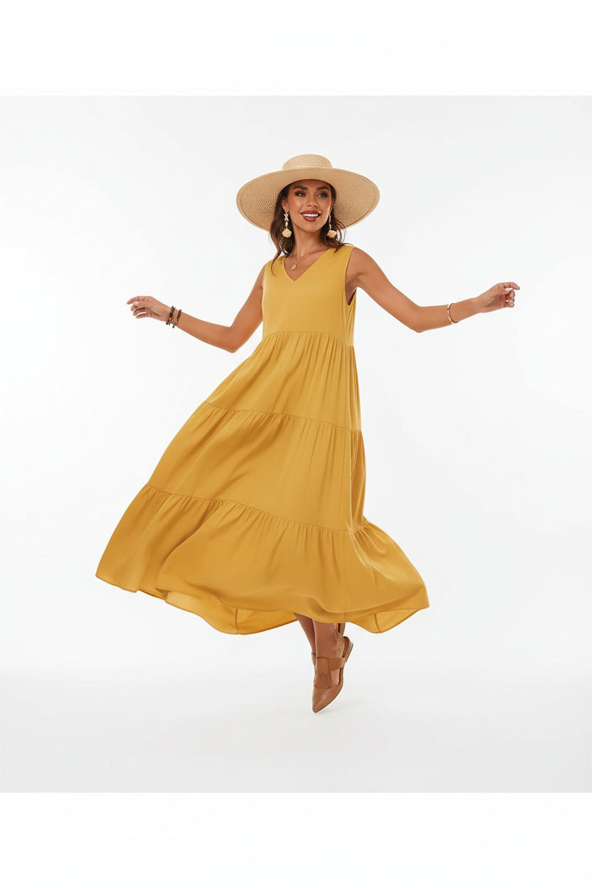 Robe casual élégante femme col V – Robe fluide mi-longue | BOHERA