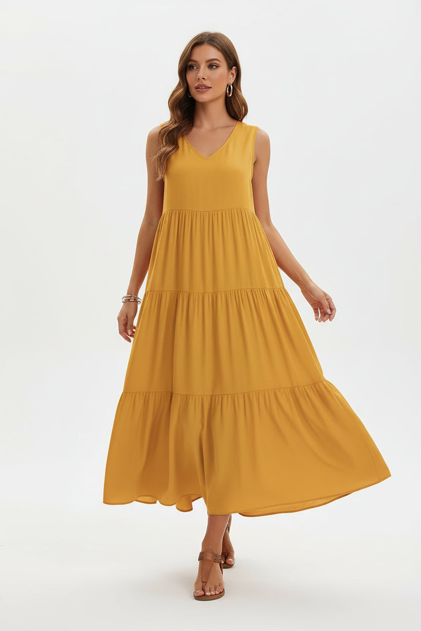 Robe casual élégante femme col V – Robe fluide mi-longue | BOHERA