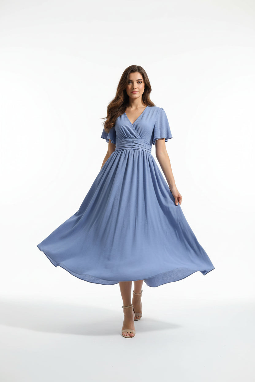 Robe fluide à volants femme col V – Robe casual été mi-longue | BOHERA