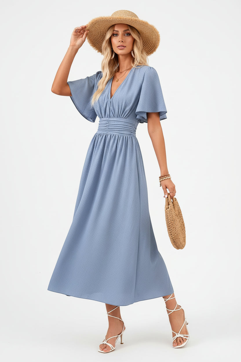 Robe fluide à volants femme col V – Robe casual été mi-longue | BOHERA