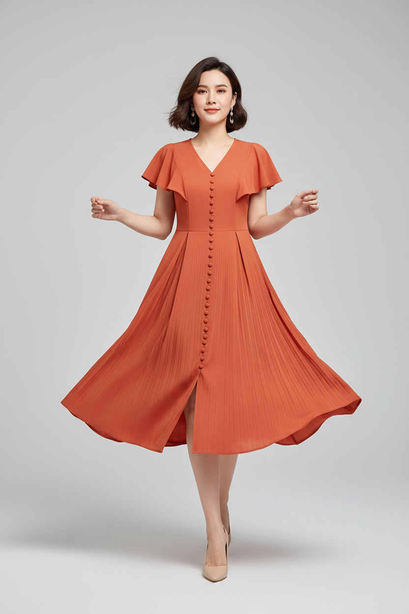 Robe casual élégante femme col V – Robe fluide manches papillon | BOHERA