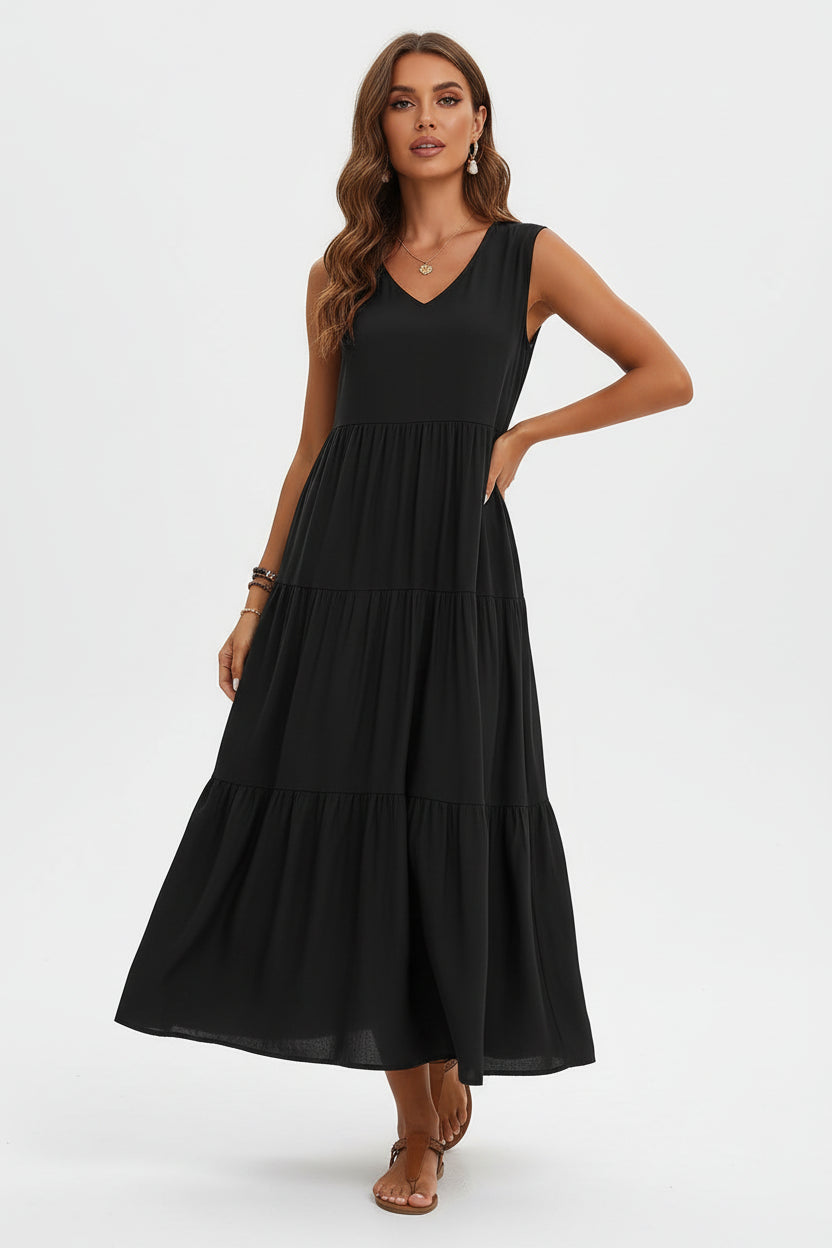 Robe casual élégante femme col V – Robe fluide mi-longue | BOHERA