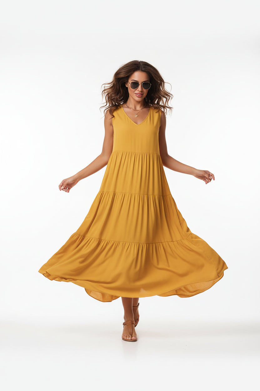 Robe casual élégante femme col V – Robe fluide mi-longue | BOHERA