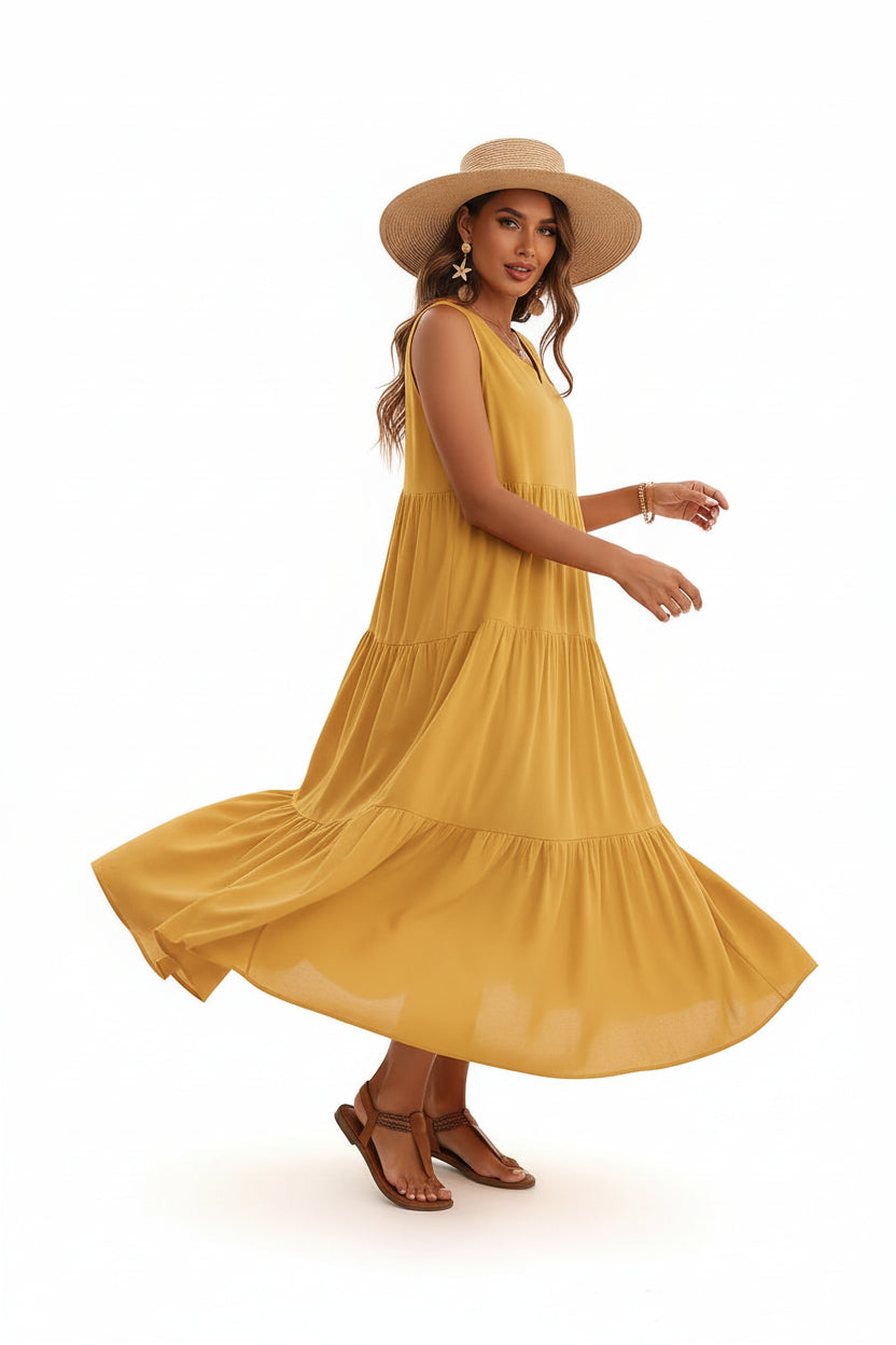 Robe casual élégante femme col V – Robe fluide mi-longue | BOHERA