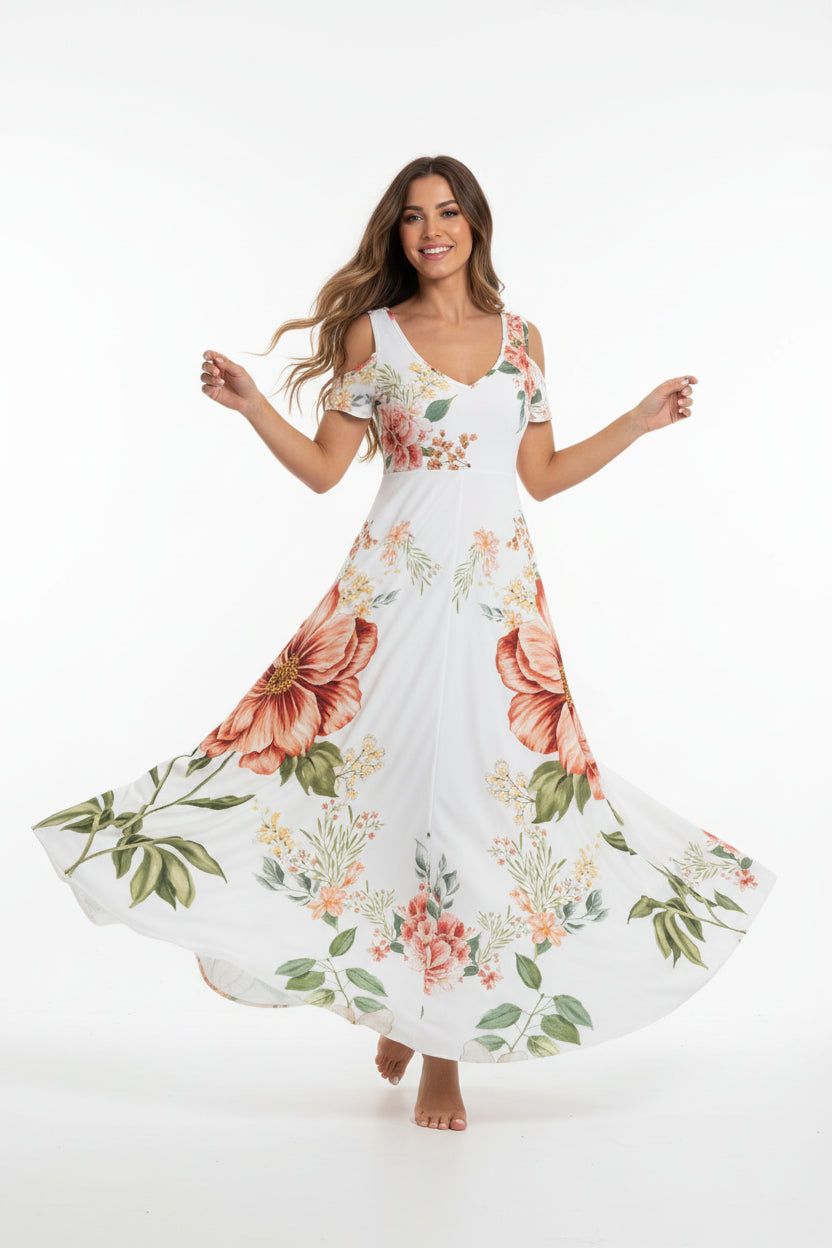 Robe longue dentelle femme – Robe fluide col V sans manches | BOHERA