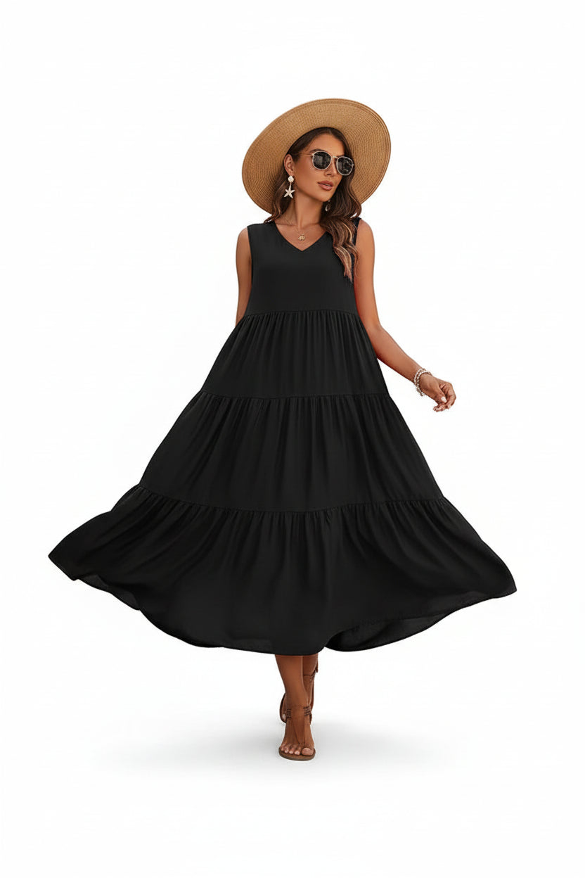 Robe casual élégante femme col V – Robe fluide mi-longue | BOHERA