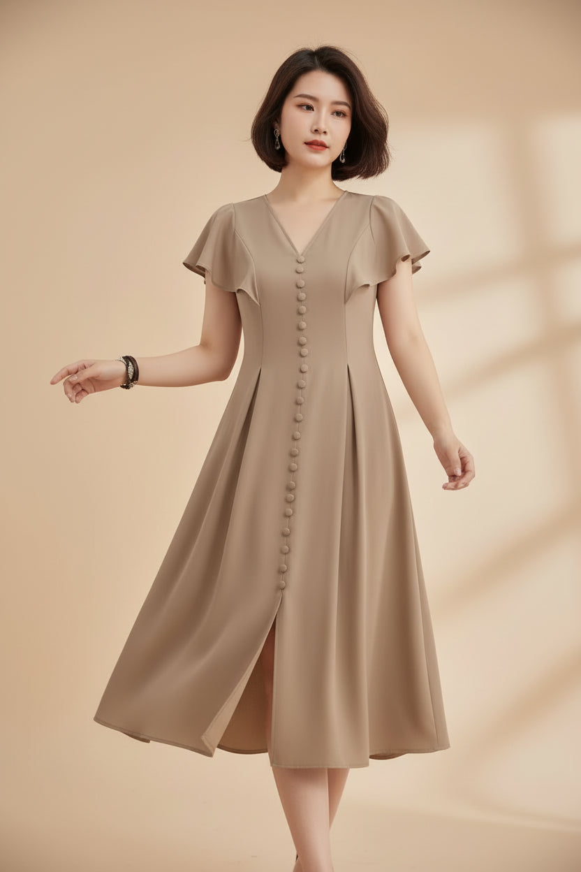 Robe casual élégante femme col V – Robe fluide manches papillon | BOHERA