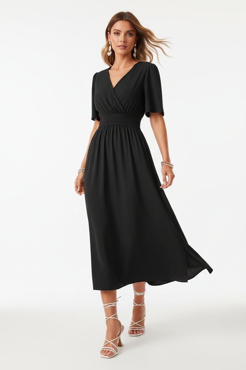 Robe fluide à volants femme col V – Robe casual été mi-longue | BOHERA