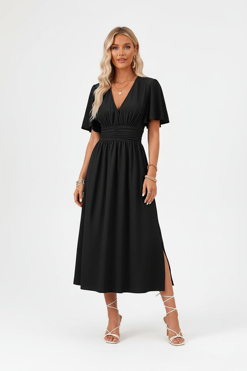 Robe fluide à volants femme col V – Robe casual été mi-longue | BOHERA