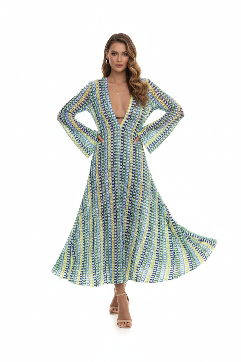 Robe longue ajourée femme col V – Coupe sirène fluide | BOHERA