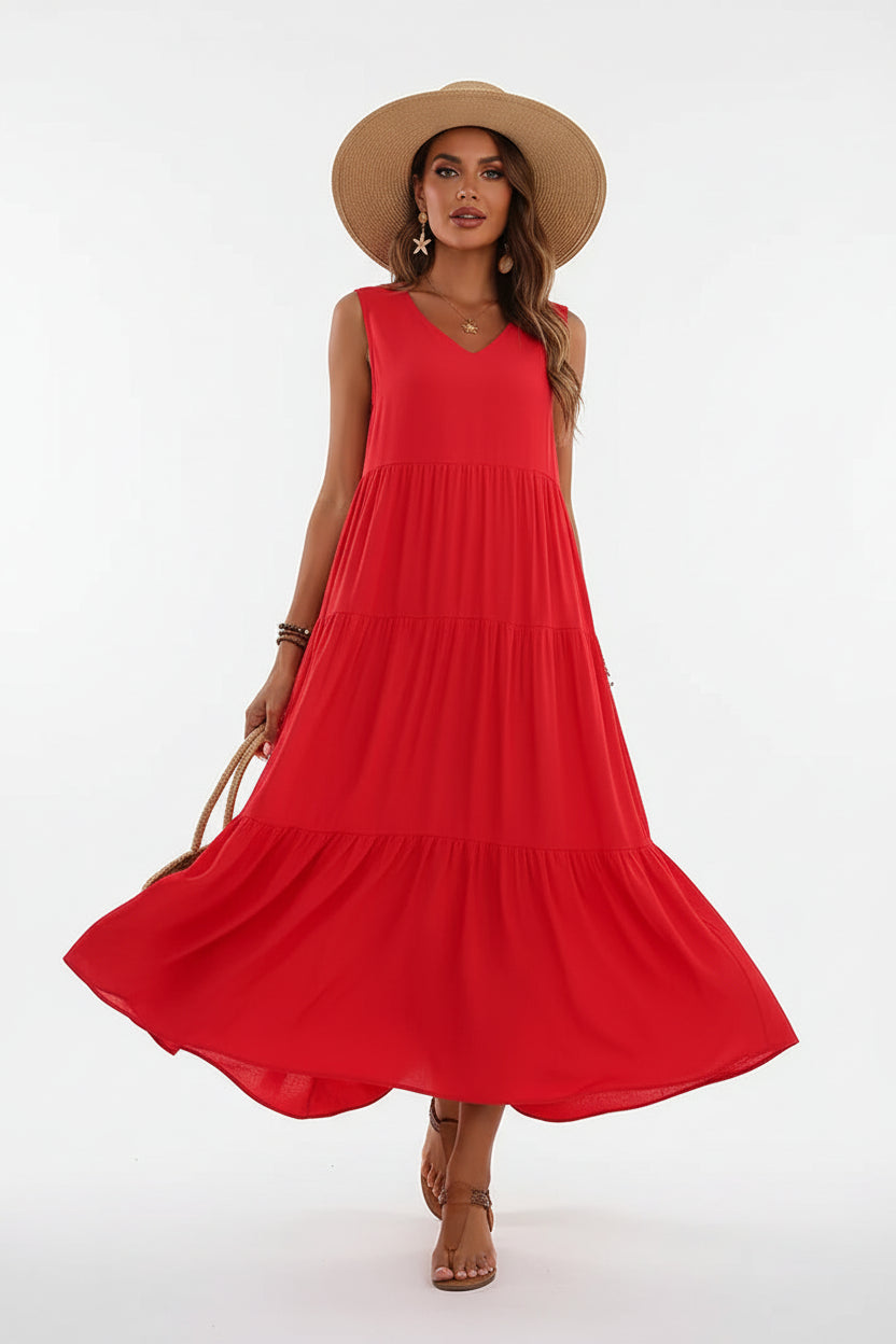 Robe casual élégante femme col V – Robe fluide mi-longue | BOHERA