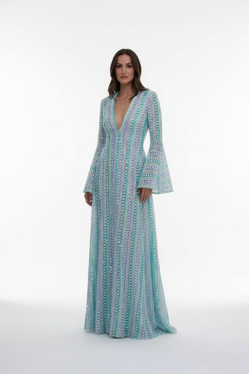 Robe longue ajourée femme col V – Coupe sirène fluide | BOHERA