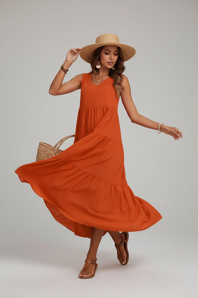 Robe casual élégante femme col V – Robe fluide mi-longue | BOHERA