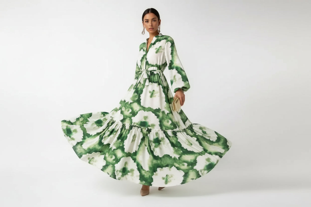 Robe longue bohème femme col V – Robe fluide manches longues | BOHERA