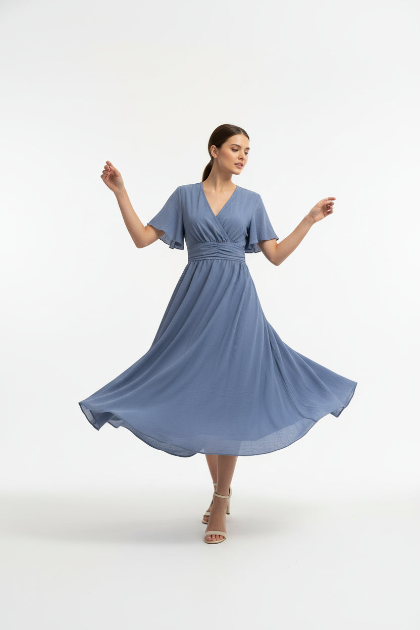 Robe fluide à volants femme col V – Robe casual été mi-longue | BOHERA