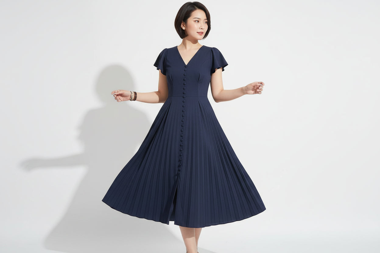 Robe casual élégante femme col V – Robe fluide manches papillon | BOHERA